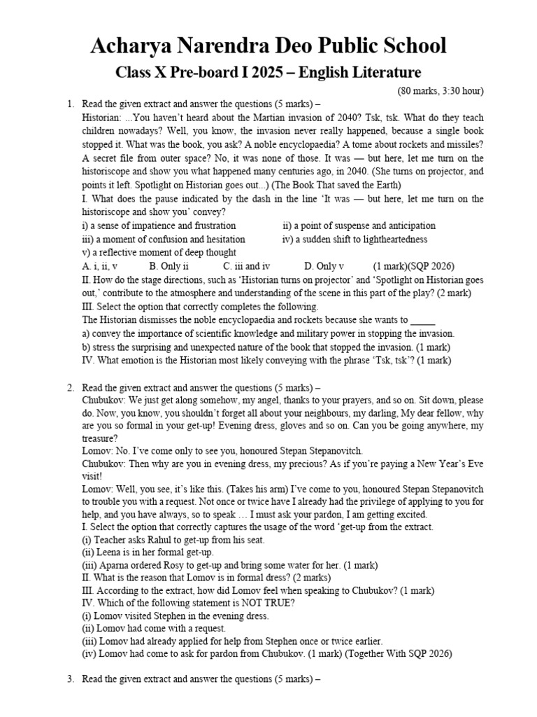 Class X English Literature Pre-Board Exam | PDF