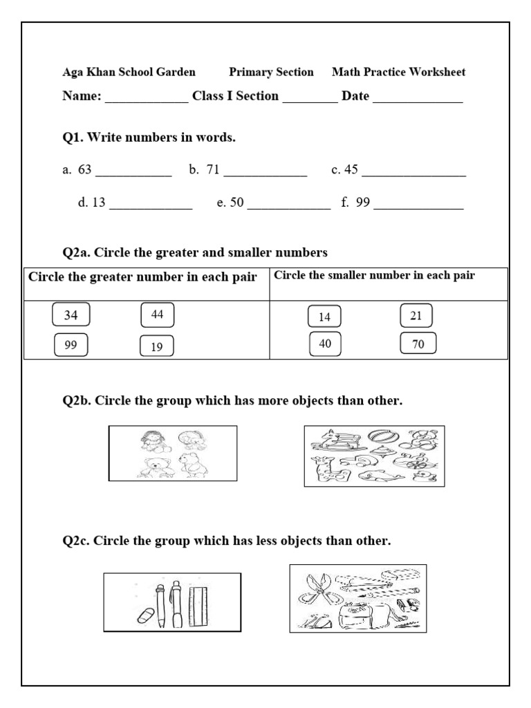 Class I Math Practice Worksheet | PDF