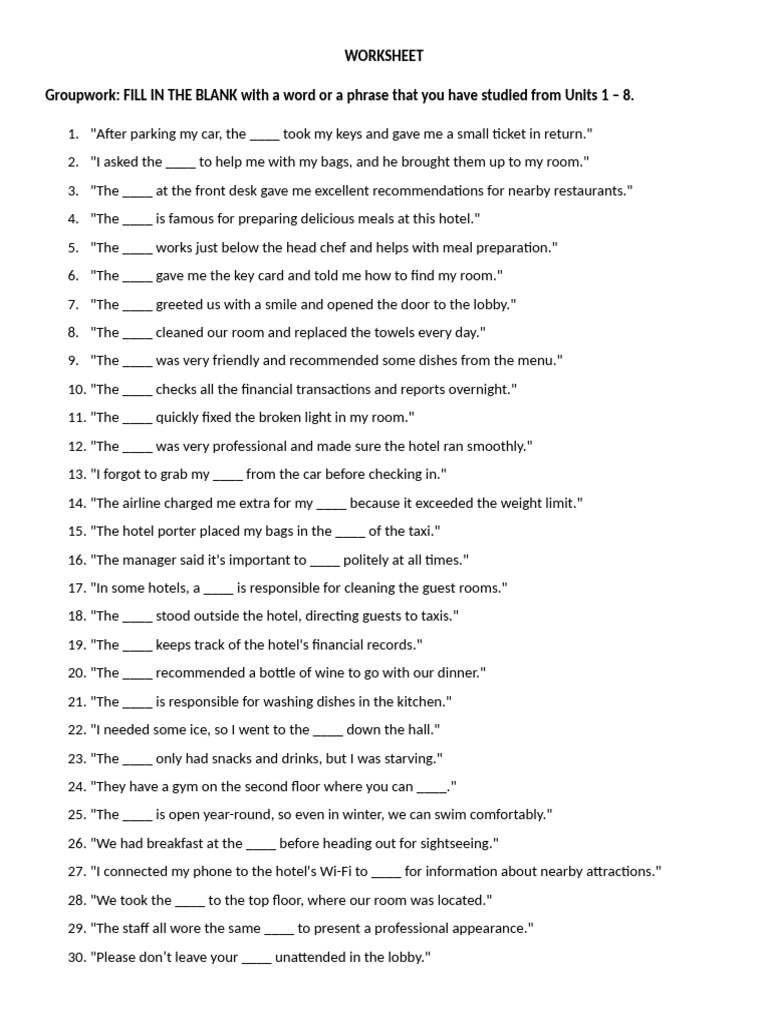 Hotel Staff Vocabulary Worksheet | PDF