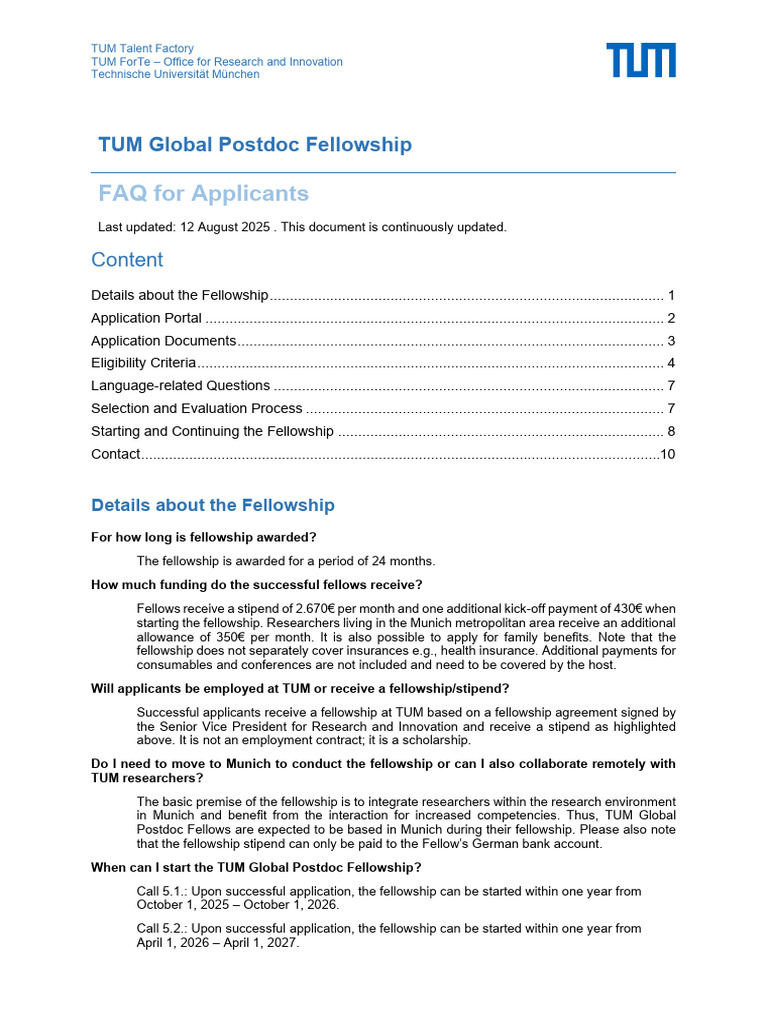 TUM Global Postdoc Fellowship FAQ Guide | PDF | Doctor Of Philosophy ...