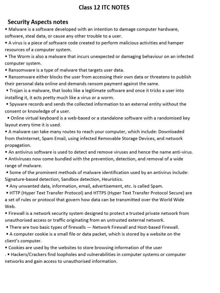 Class 12 ITC Security & Networking Notes | PDF | Computer Network ...
