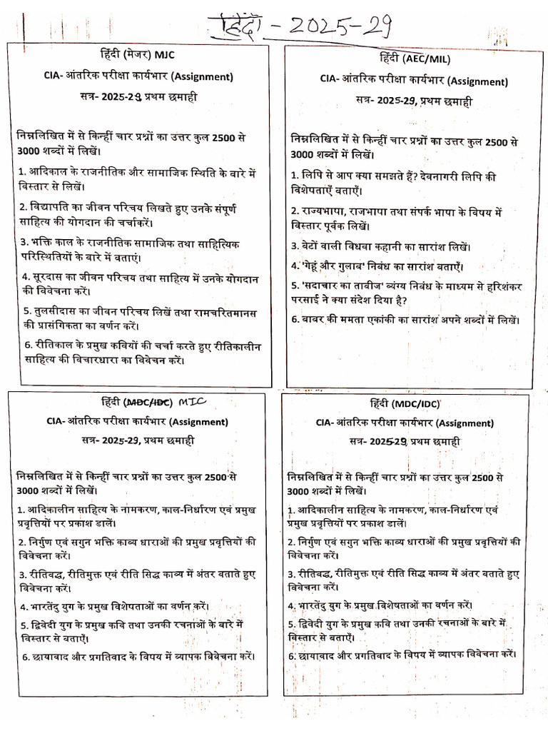 Hindi Assignment Questions 2025-29 | PDF