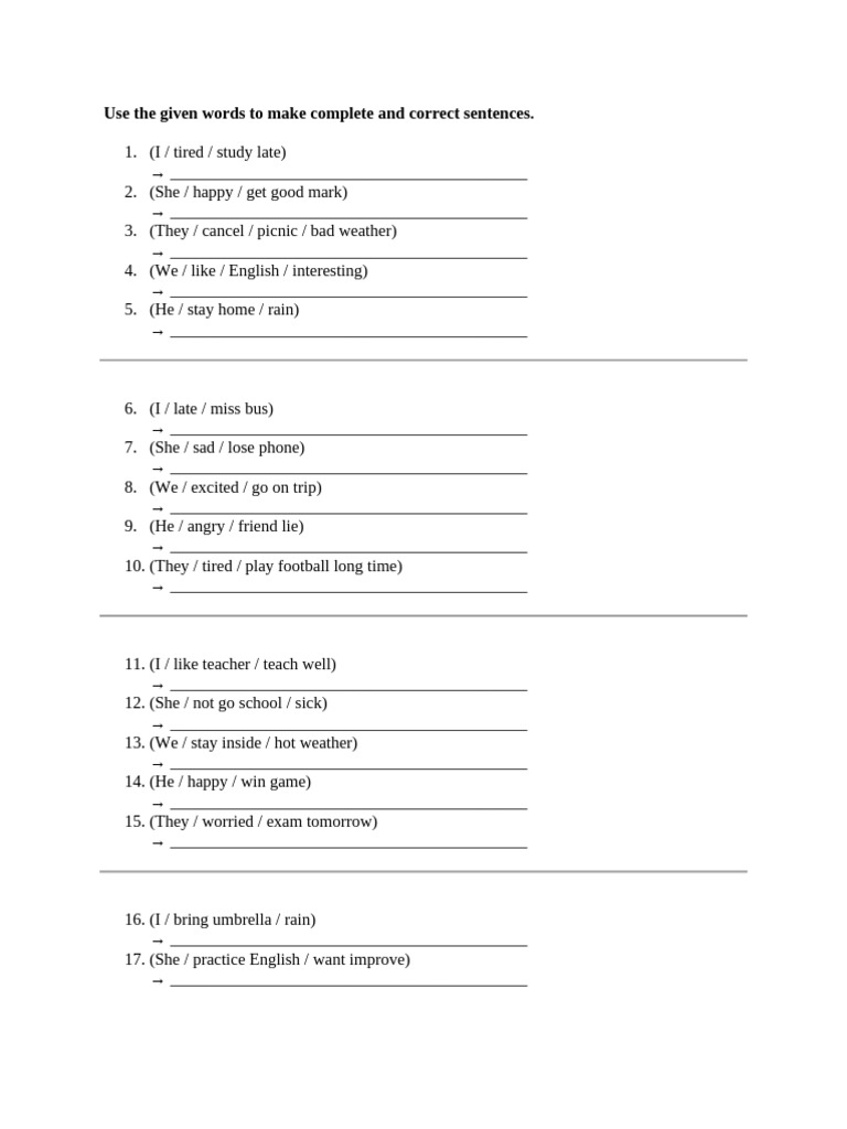 Use The Given Words To Make Complete and Correct Sentences | PDF ...