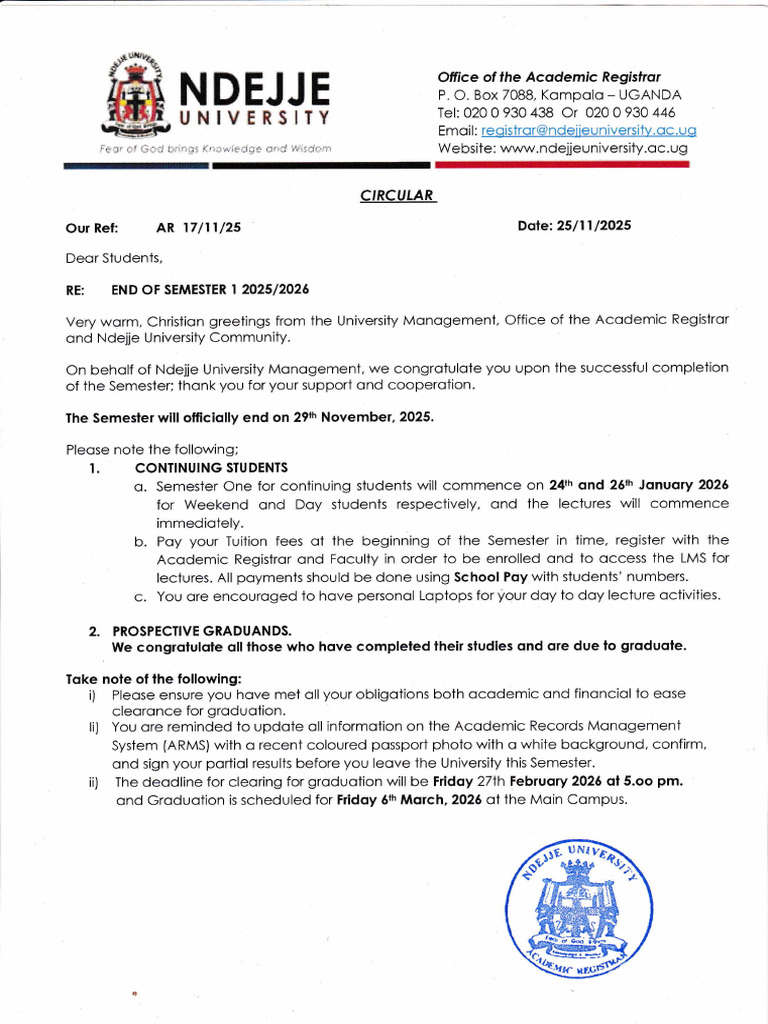 Ndejje University Semester End Notice | PDF