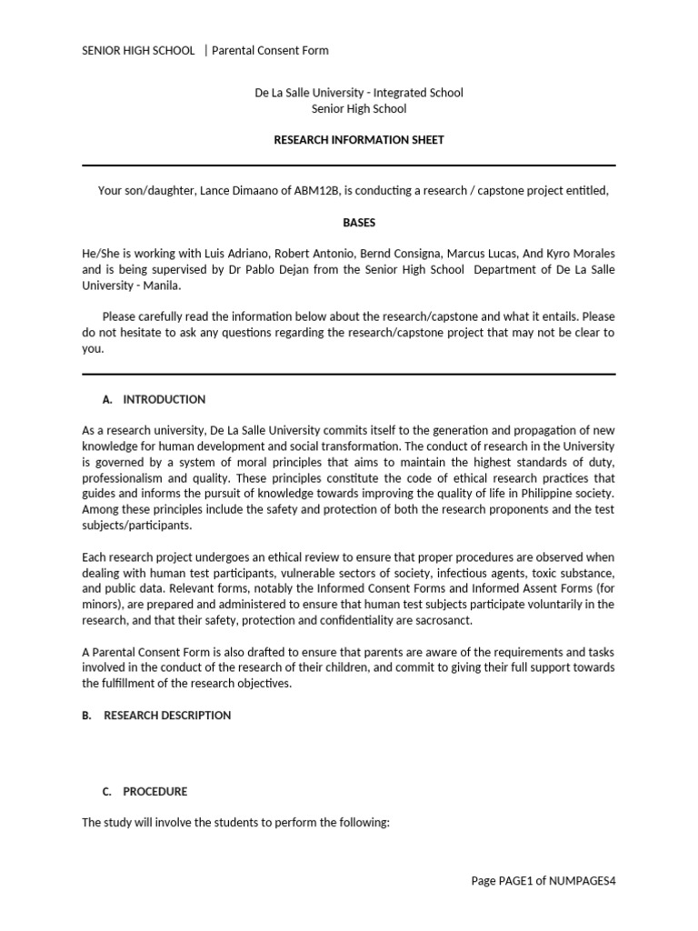 Senior High School Parental Consent Form | PDF