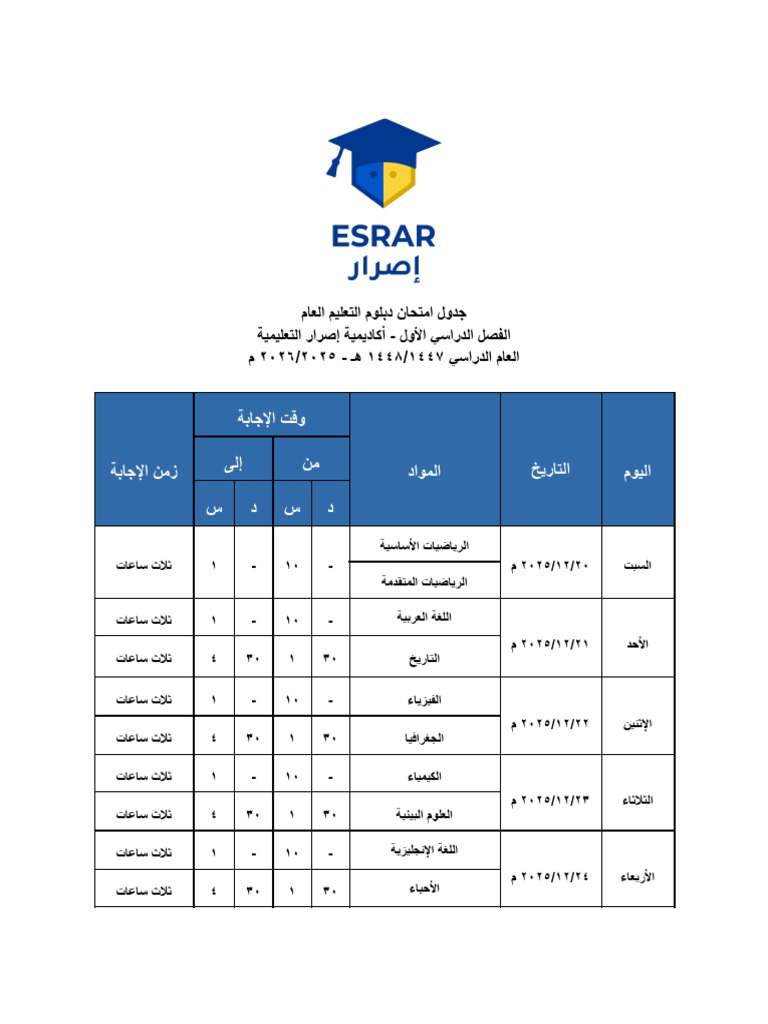 جدول إمتحانات صف ثاني عشر من منصة إصرار | PDF