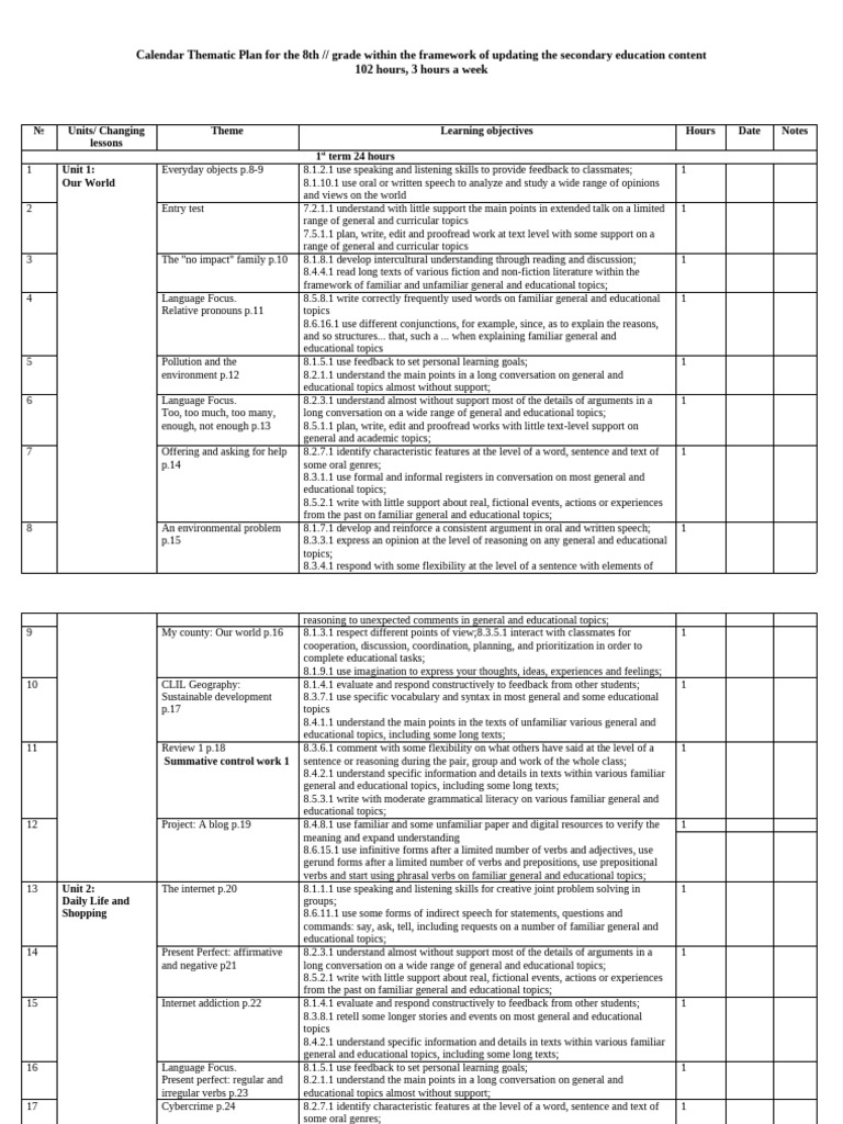 8th Grade Thematic Education Plan | PDF | Verb | Syntax