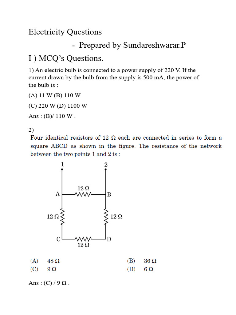 Electricity MCQs and Concept Questions | PDF | Resistor | Fuse (Electrical)