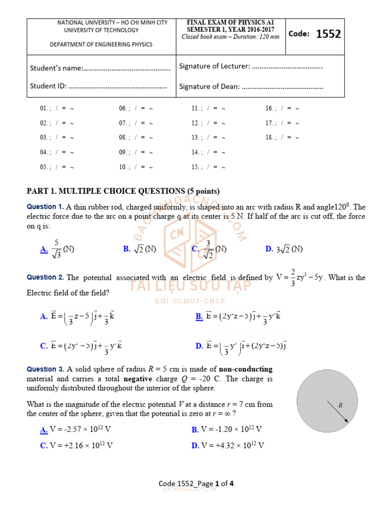 Final Exam 2016 2017 02 | PDF | Magnetic Field | Physical Chemistry