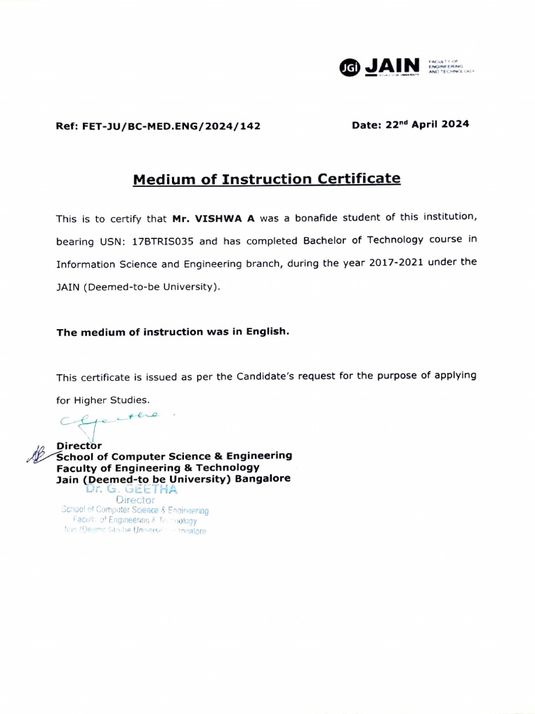 Medium of Instruction Certificate - B.Tech | PDF