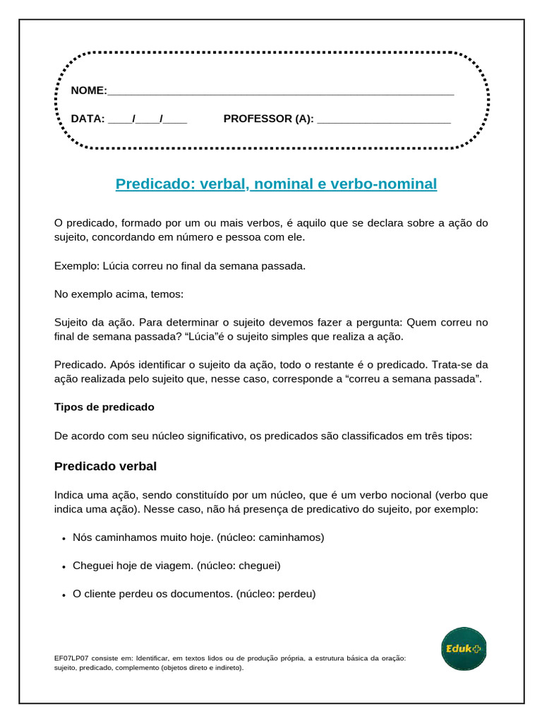 Tipos de Predicado na Língua Portuguesa | PDF | Assunto (gramática ...