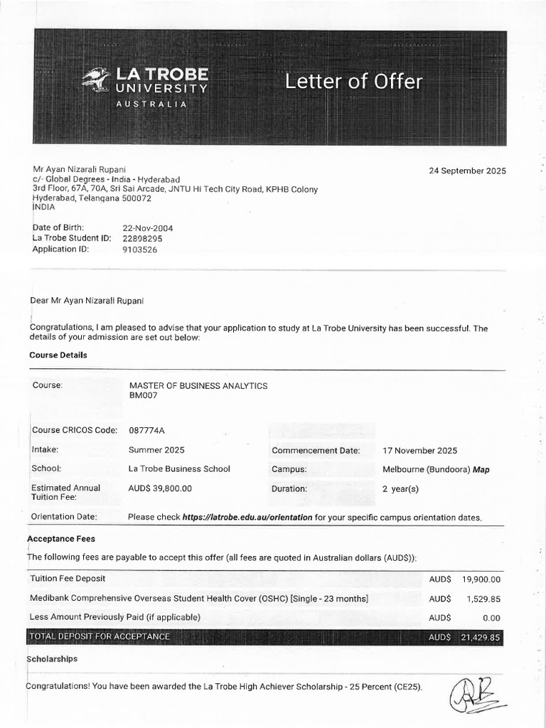 Ayan Unconditional Offer Letter | PDF