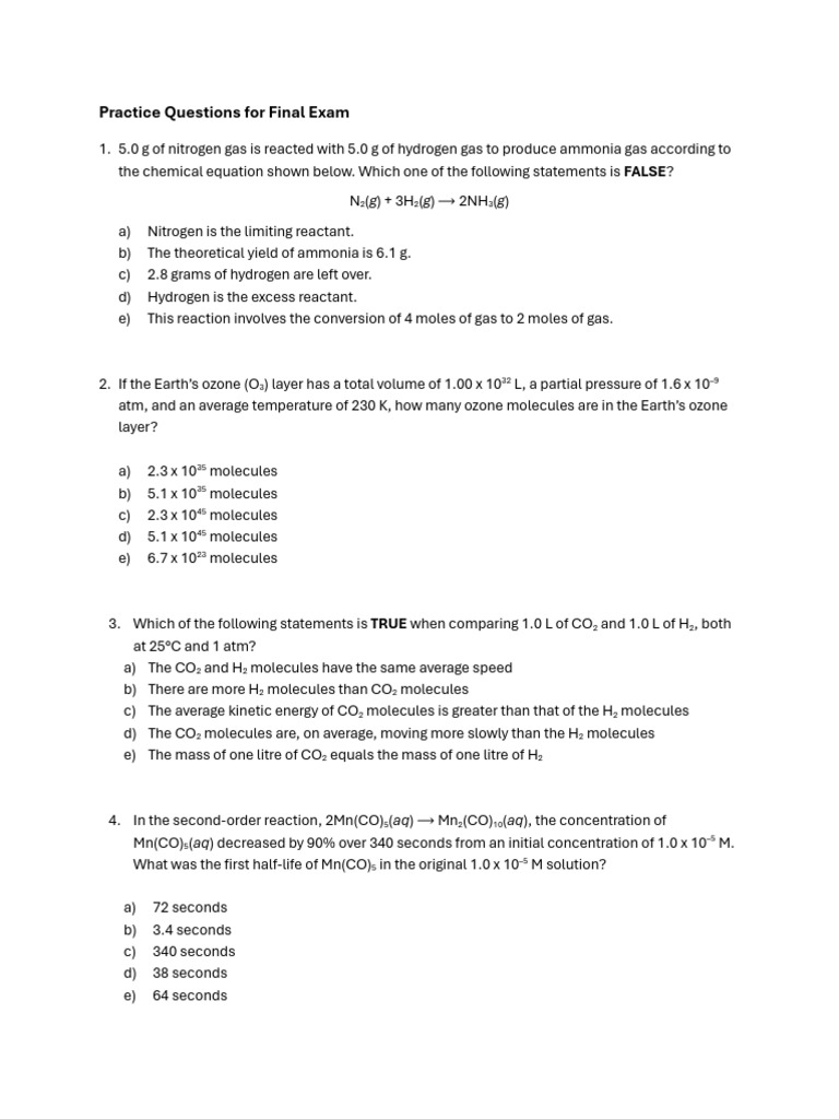 Final Exam Chemistry Practice Questions | PDF | Gases | Liquids