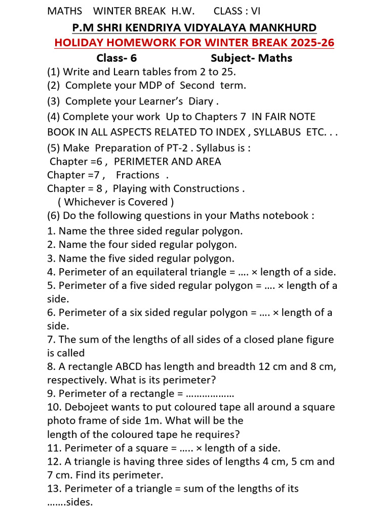 Class 6 Winter Maths Homework 2025-26 | PDF | Elementary Mathematics ...