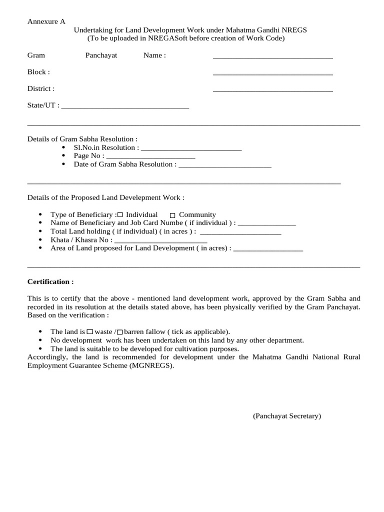 Land Development Undertaking for MGNREGS | PDF