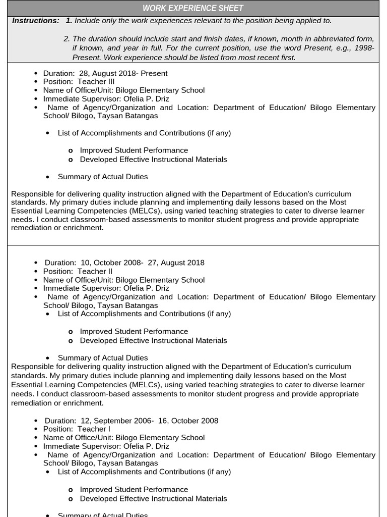 Teacher Work Experience Sheet | PDF | Teachers | Curriculum