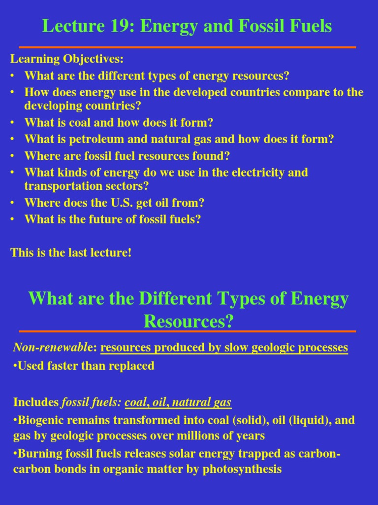 Lecture 19 Energy and Fossil Fuels Learning Objectives PDF
