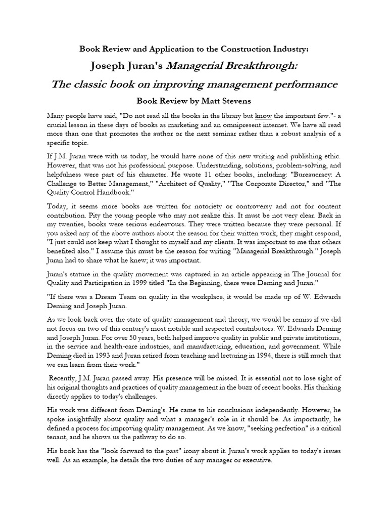 Juran's Managerial Breakthrough Review | PDF | Lean Manufacturing ...