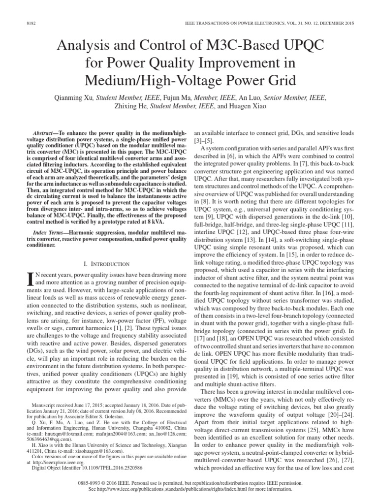 M3C-UPQC for Power Quality Enhancement | PDF | Capacitor | Power ...