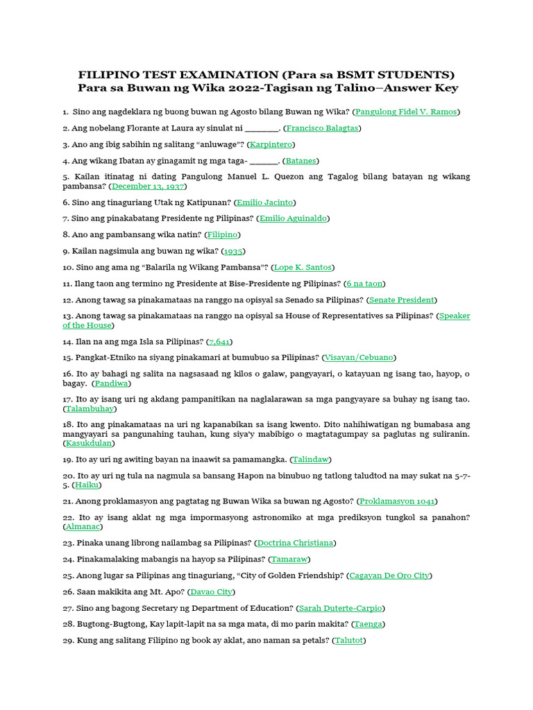 FILIPINO Tagisan NG Talino Answer Key | PDF