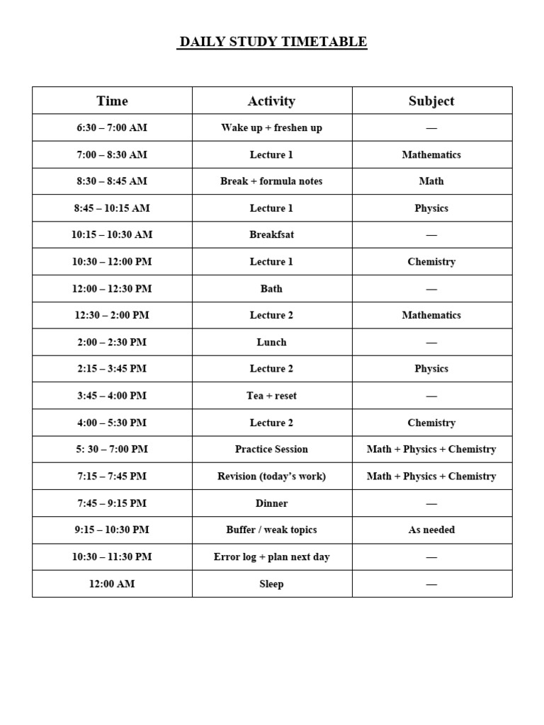 Daily Study Timetable for STEM Subjects | PDF