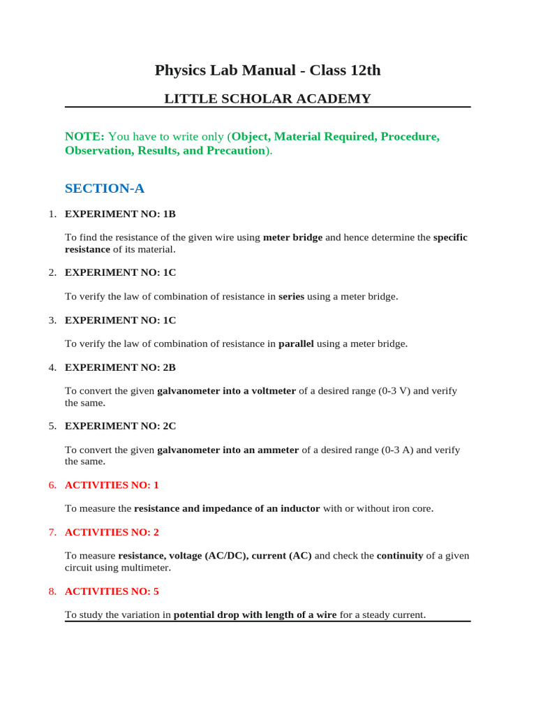 Class 12 Physics Lab Manual Guide | PDF