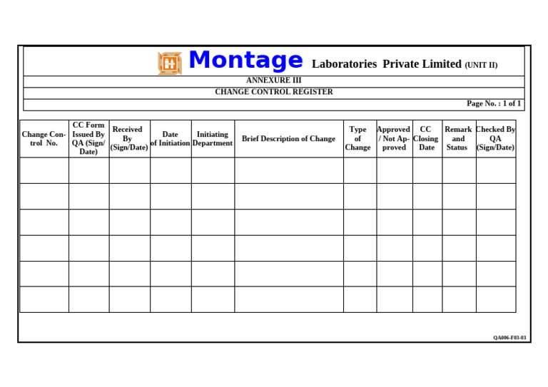 QA006-F03-03 Change Control Register | PDF
