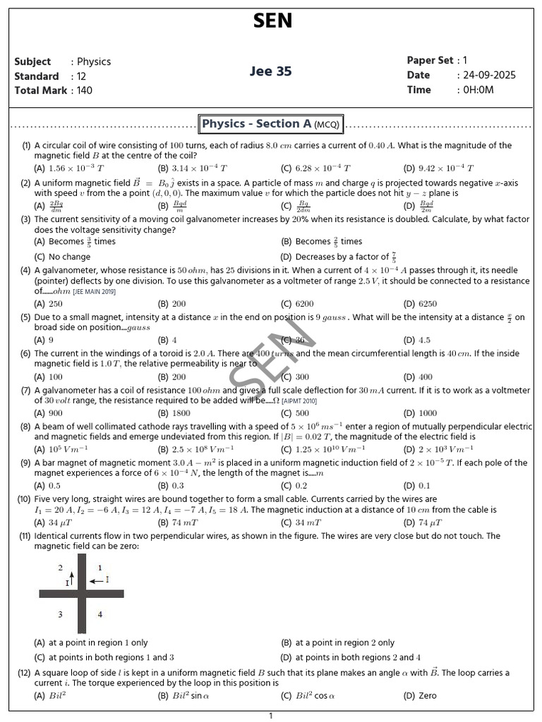 Physics JEE Paper Set 1 - 2025 | PDF | Magnetic Field | Electromagnetic ...