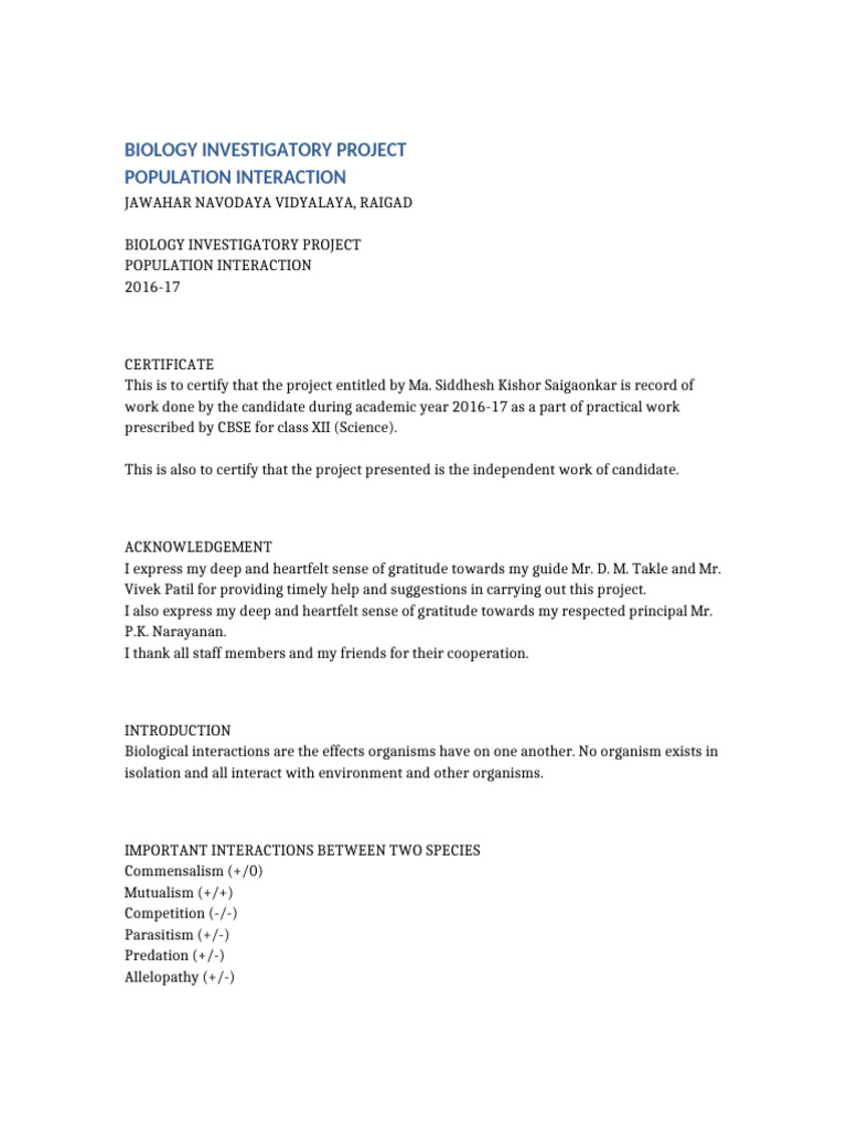 Population Interaction in Biology Project | PDF