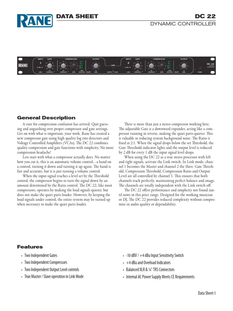 Rane DC 22 Dynamic Controller Data Sheet | PDF | Decibel | Audio ...