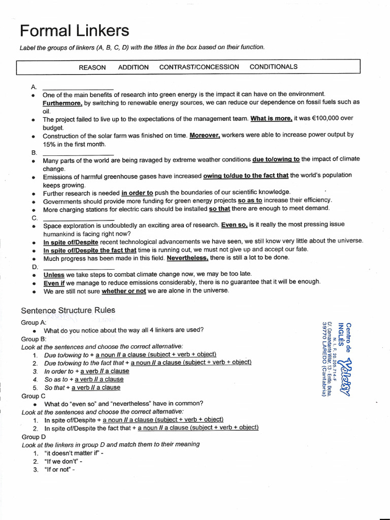 Linking Words - b2 First. Resumen | PDF
