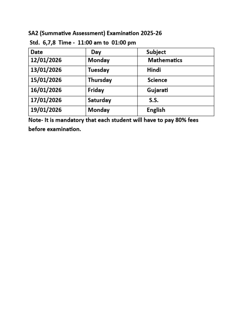 SA2 Exam Schedule 2025-26 for Grades 6-8 | PDF