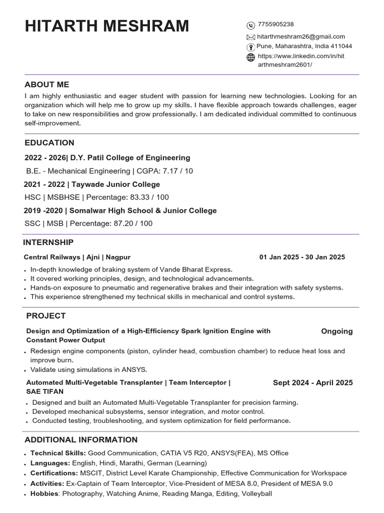Mechanical Engineering Student Profile | PDF | Engines | Vehicle Parts