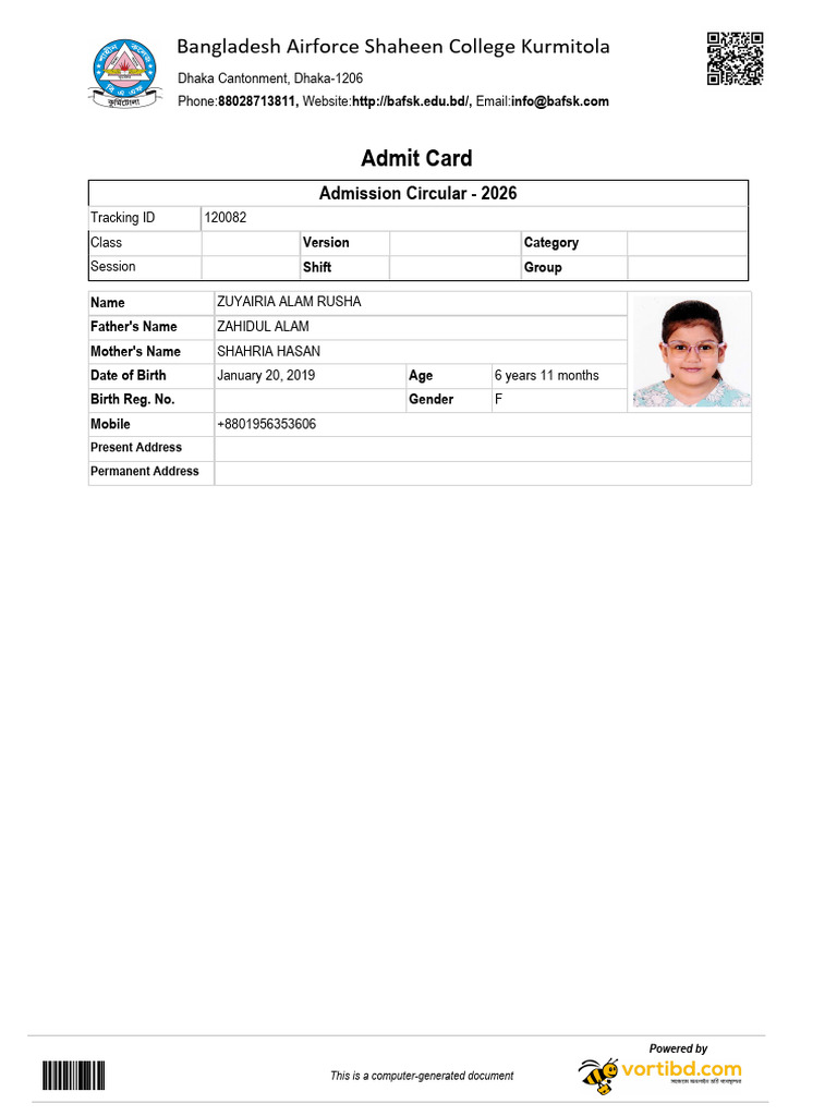Admission Card for Class One - 2026 | PDF