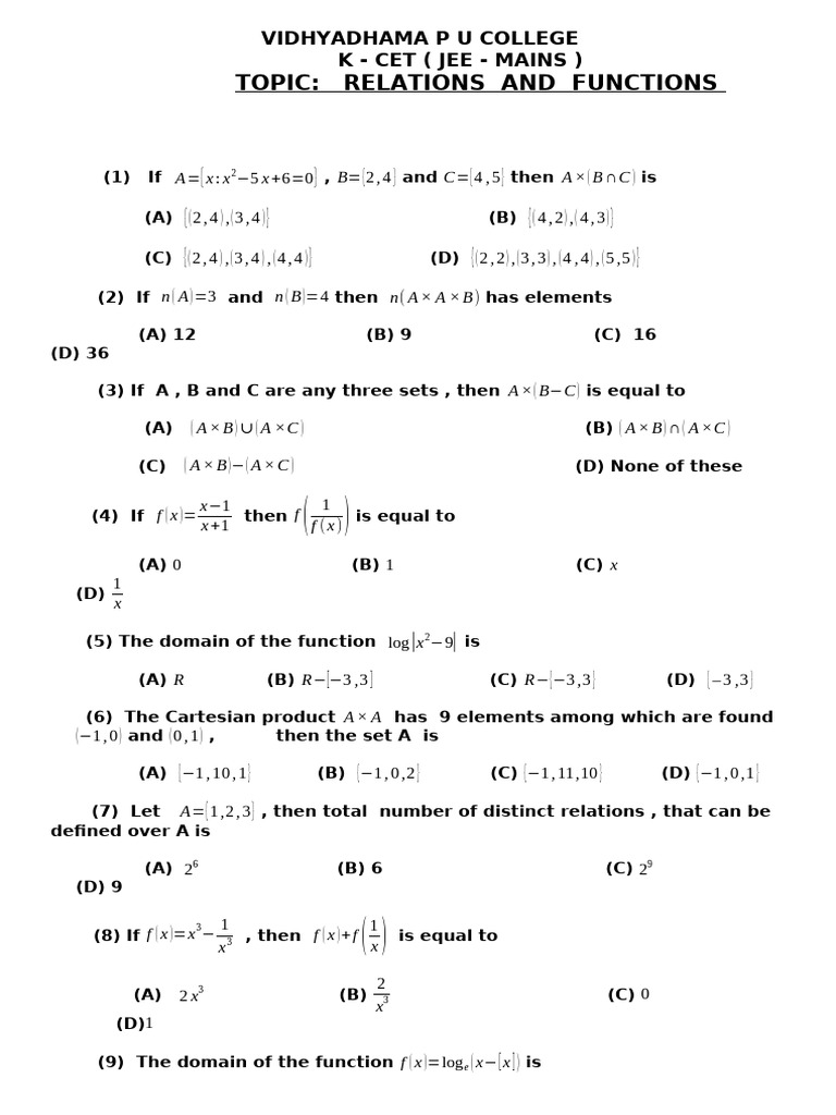 K Cet I Relations and Functions 40 Q (26.10.2023) | PDF | Function ...