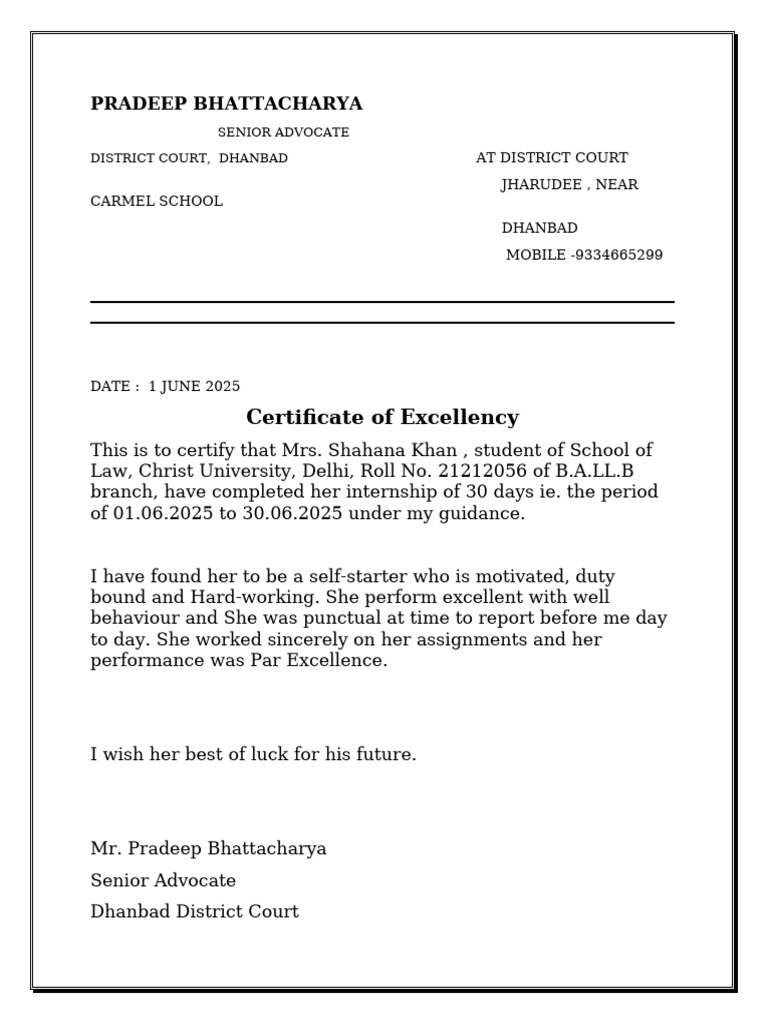 Certificate of Excellency for Internship | PDF