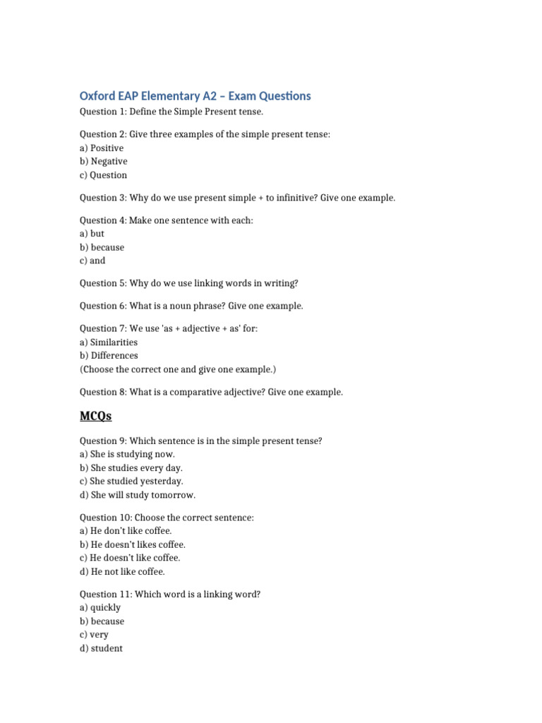 A2 Exam Questions on Simple Present Tense | PDF