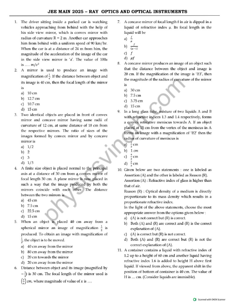Ray Optics JEE 2025 QP With Solutions - Watermark | PDF
