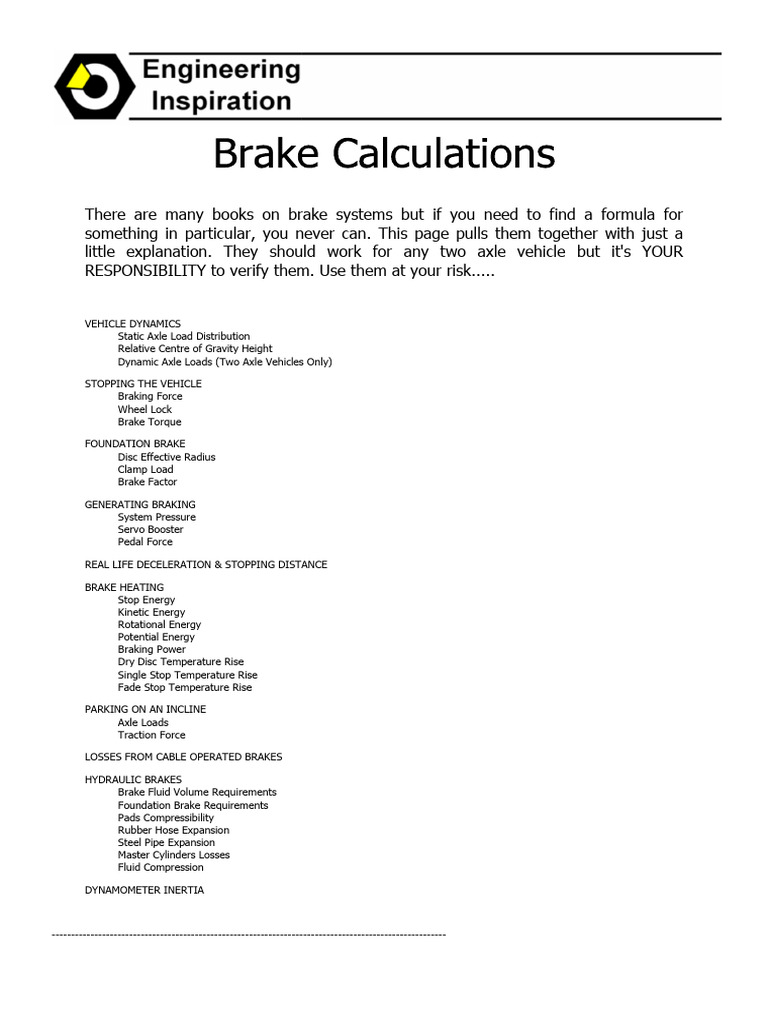 Brake System Calculations for Vehicles | PDF | Brake | Mechanical ...