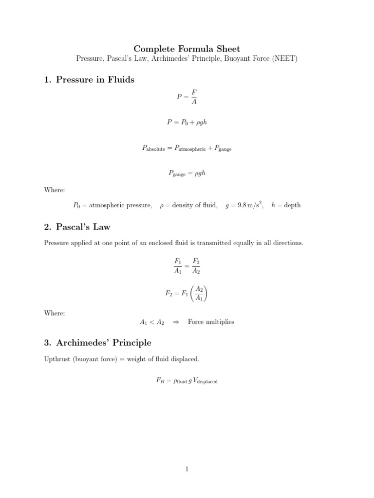 Fluid Pressure and Buoyancy Formulas | PDF