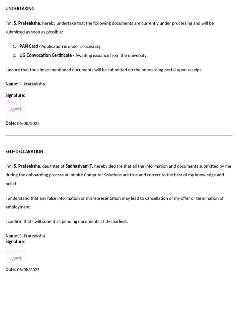 Document Submission Undertaking by S. Prateeksha | PDF