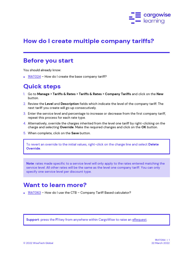 Create Multiple Company Tariffs Guide | PDF