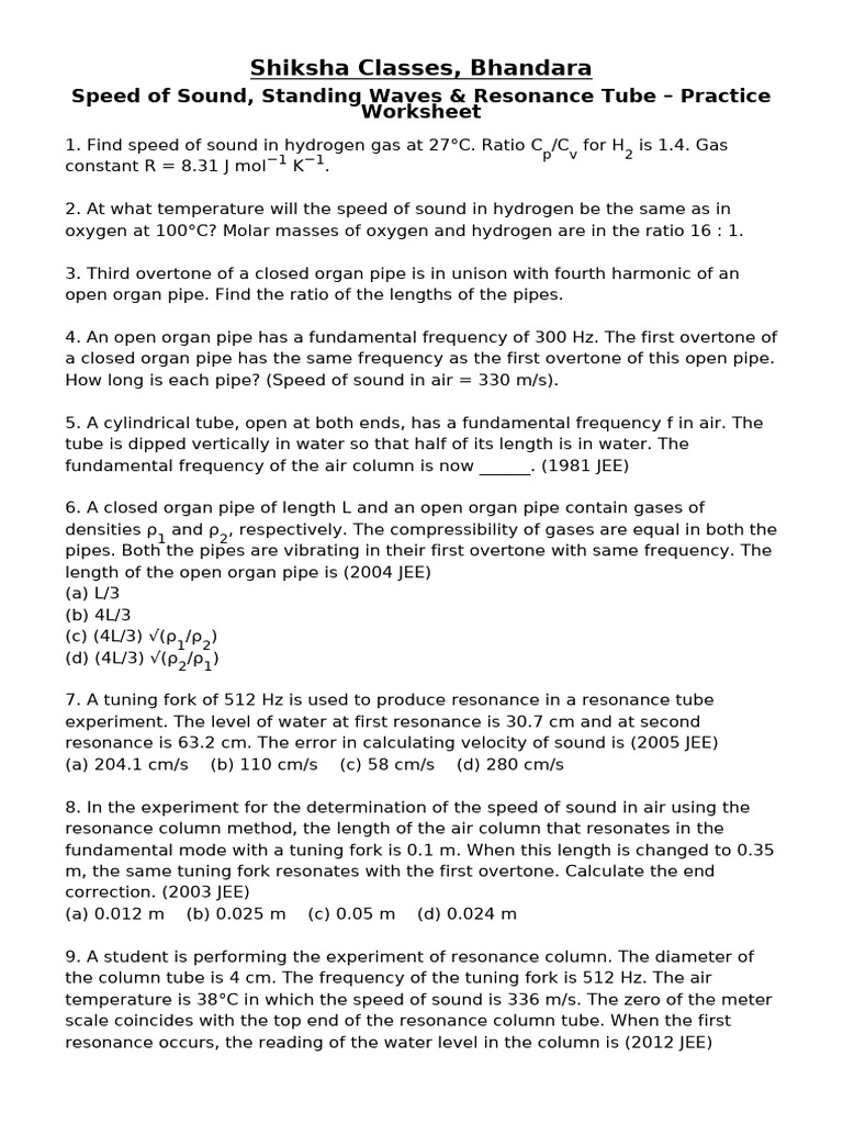 Speed Standing Resonance Tube Worksheet v2 | PDF