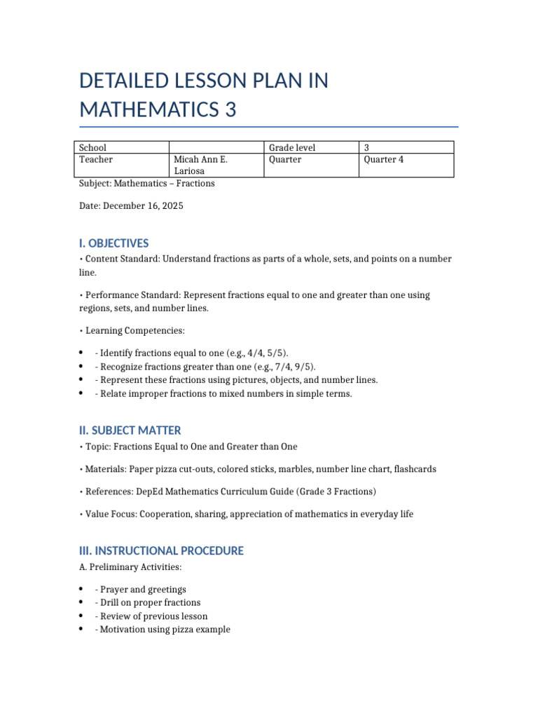 Grade 3 Math Lesson Plan: Fractions | PDF | Learning