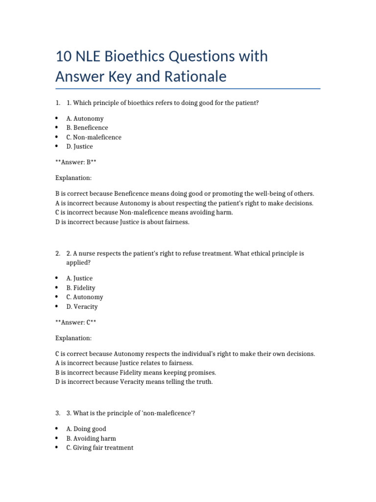 NLE Bioethics Questions & Answers Guide | PDF | Informed Consent | Autonomy