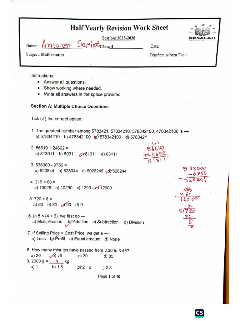 Solution - Math WS Grade-4 | PDF