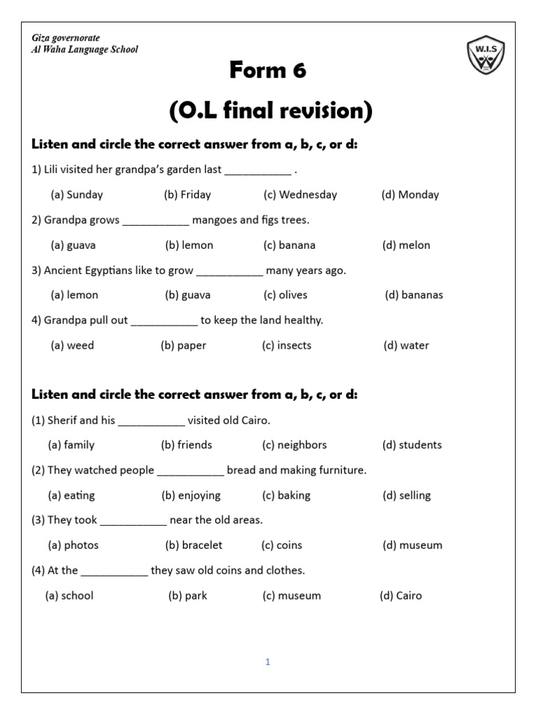 O.L Final Revision Exercises for Students | PDF | Ancient Egypt ...