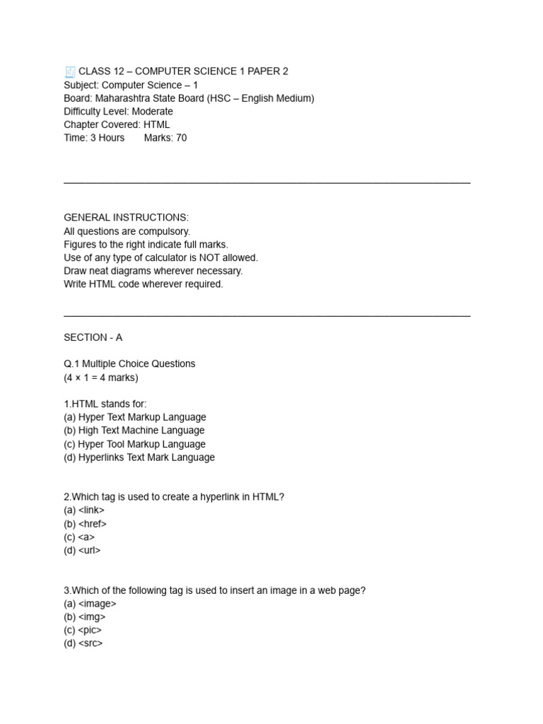 Class 12 HTML Exam Paper Guide | PDF | Html Element | Html