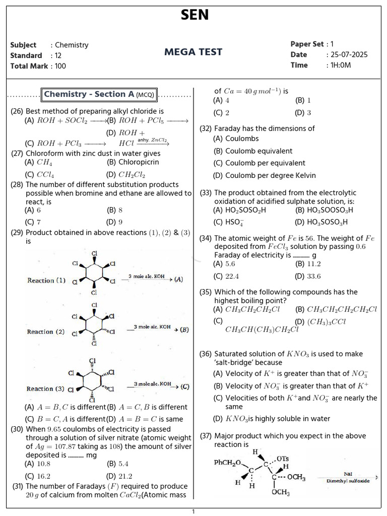 Mega Test 879171 1 1753416039 | PDF | Physical Chemistry | Chemistry
