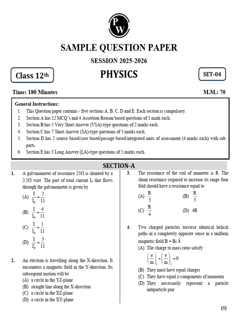 Class 12 Physics Sample Question Paper | PDF | Electromagnetic ...